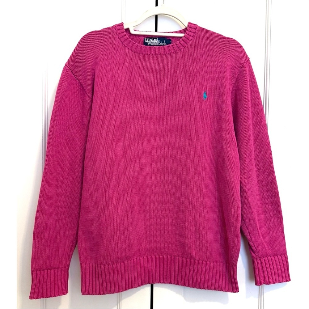 Polo Ralph Lauren Cotton Crewneck Sweater in Pink with Blue Pony Logo – Size S